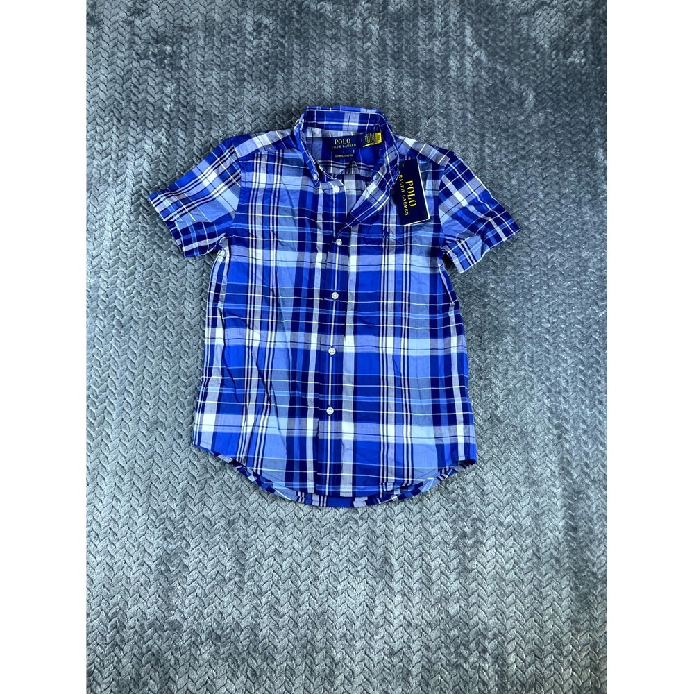 Polo Ralph Lauren Boys 7 Blue Multi Plaid Natural Stretch Short Sleeve Shirt